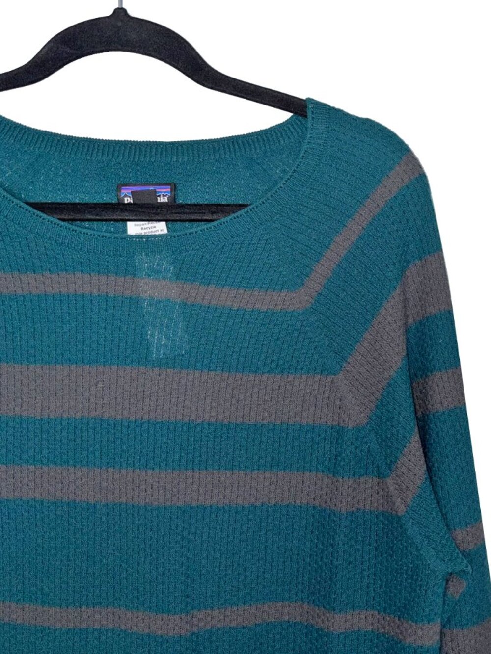 Patagonia Merino Wool Blend Teal & Gray Striped Sweater - Size L